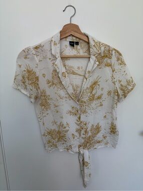 Simons White & Mustard Botanical Tie-Front Short Sleeve Blouse